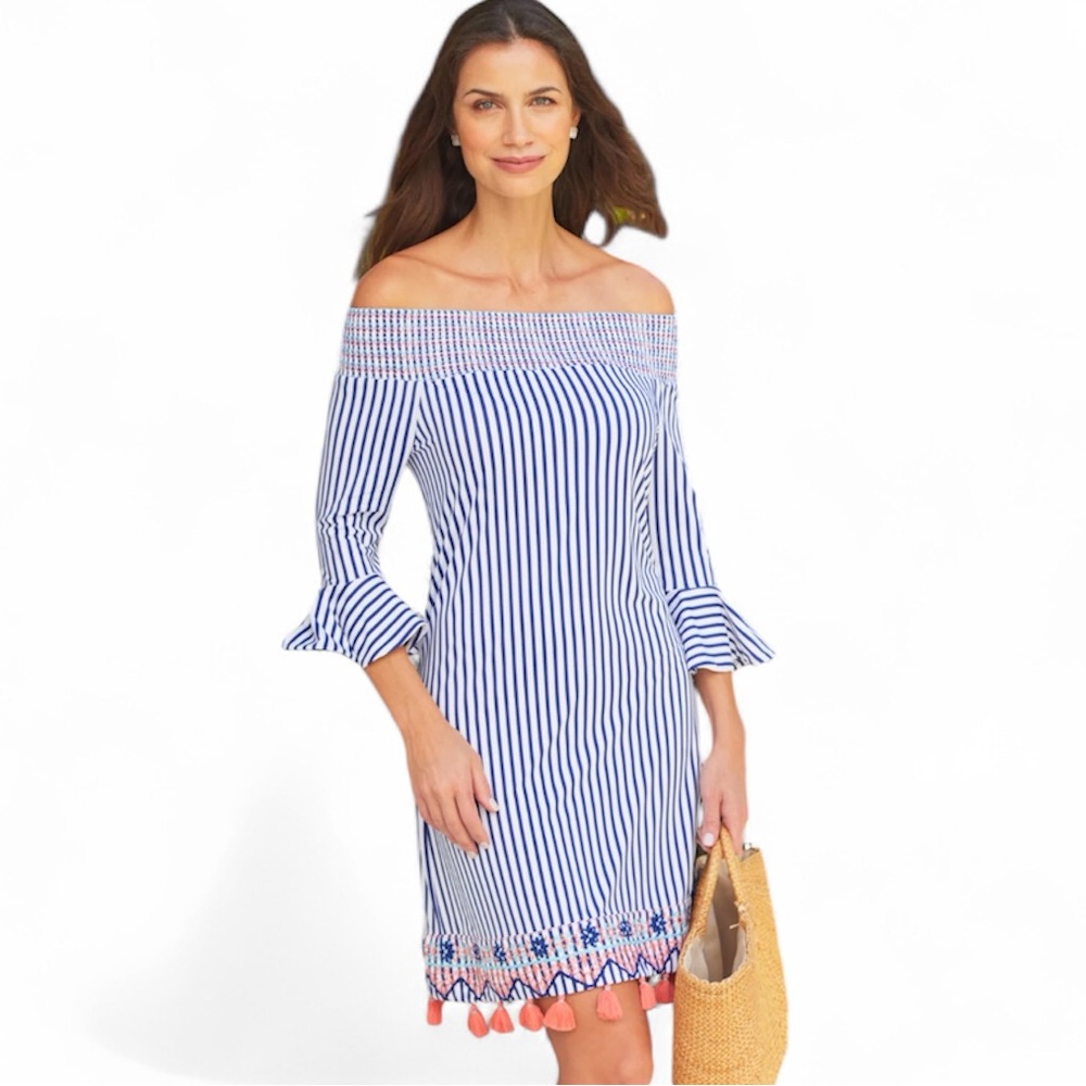 Cabana Life St. Barts Off the Shoulder Dress Smocked Shoulder Tulip Sleeves Sz L